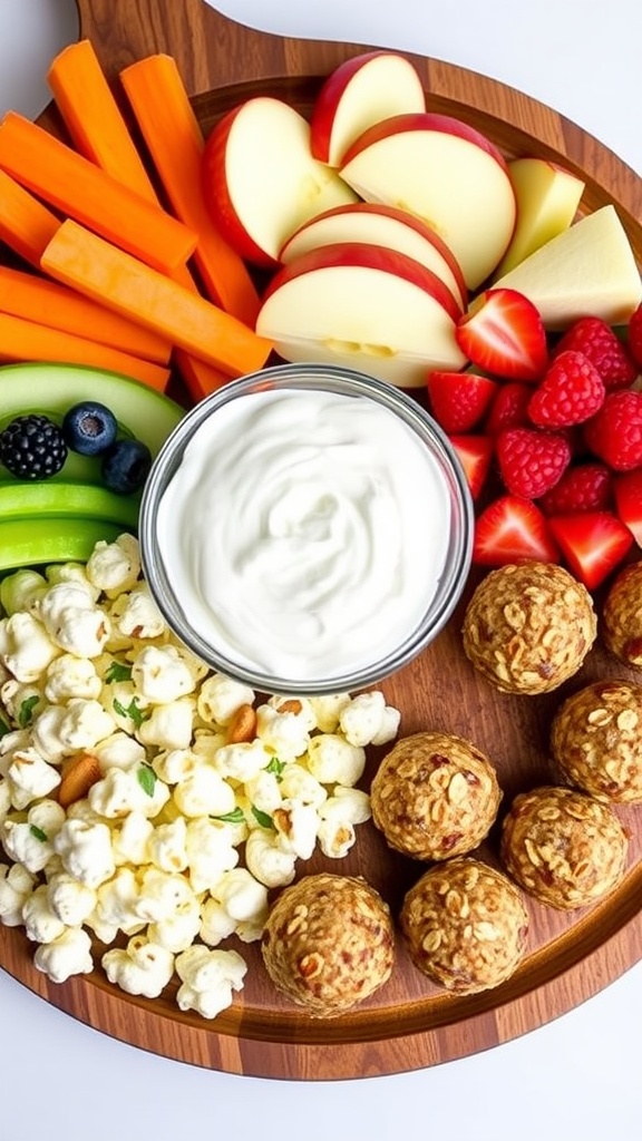 A variety of healthy snacks including carrot sticks, apple slices with almond butter, and yogurt with berries on a wooden platter.